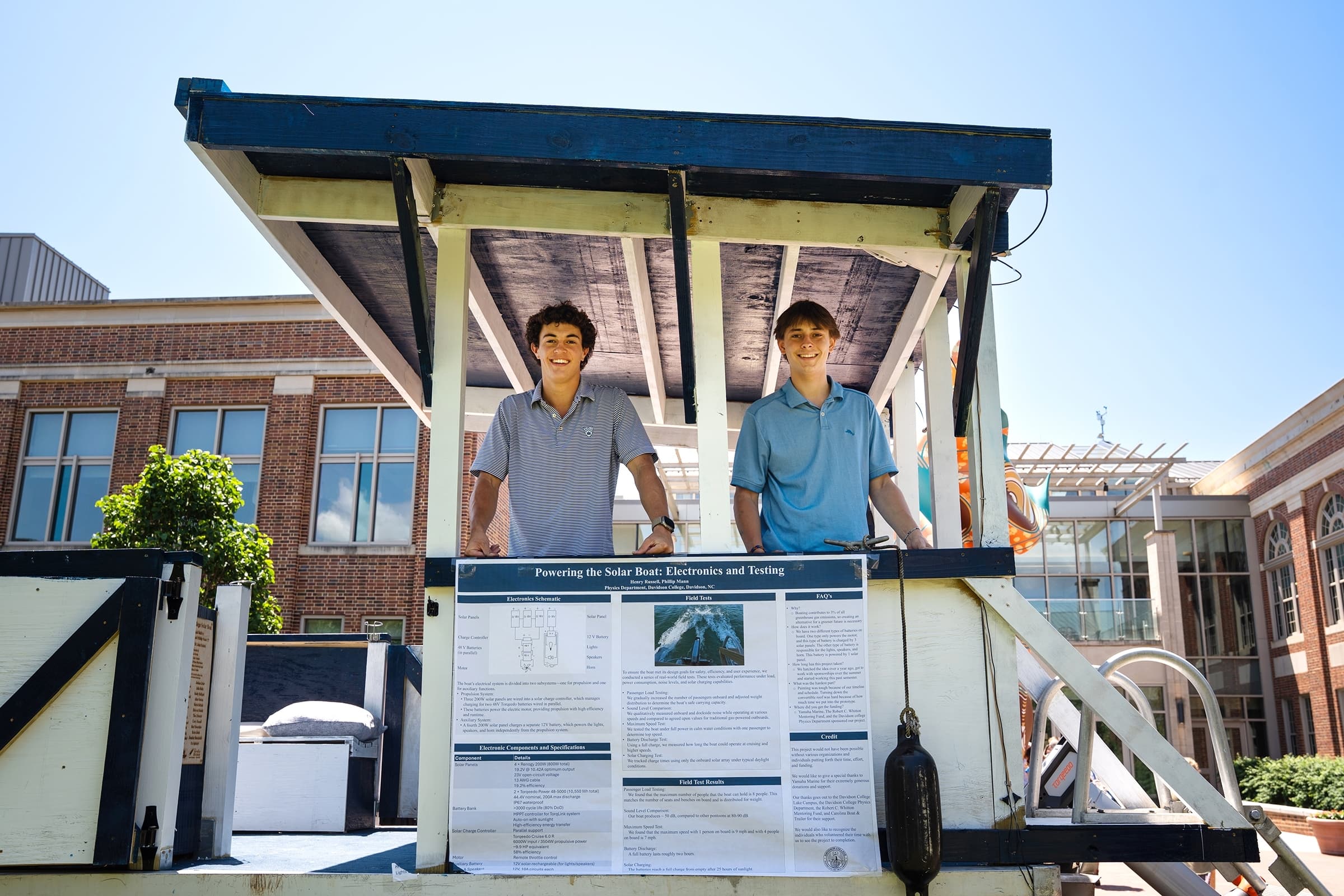 Two people standing on finished painted boat with research poster at symposium