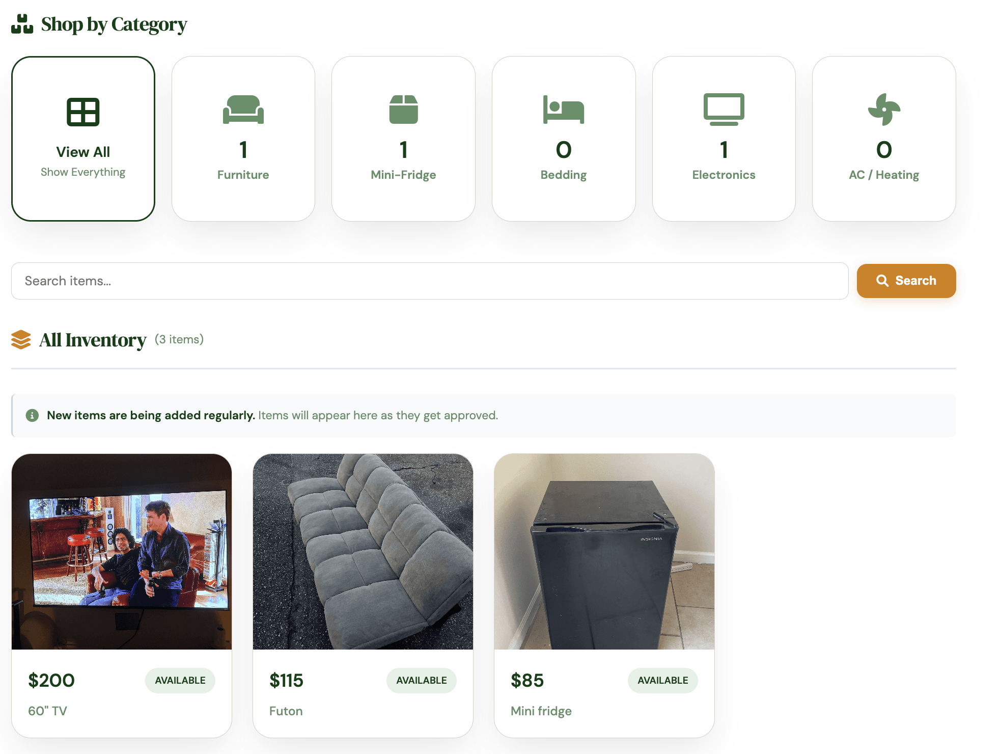 Shop page showing category filters and product listings